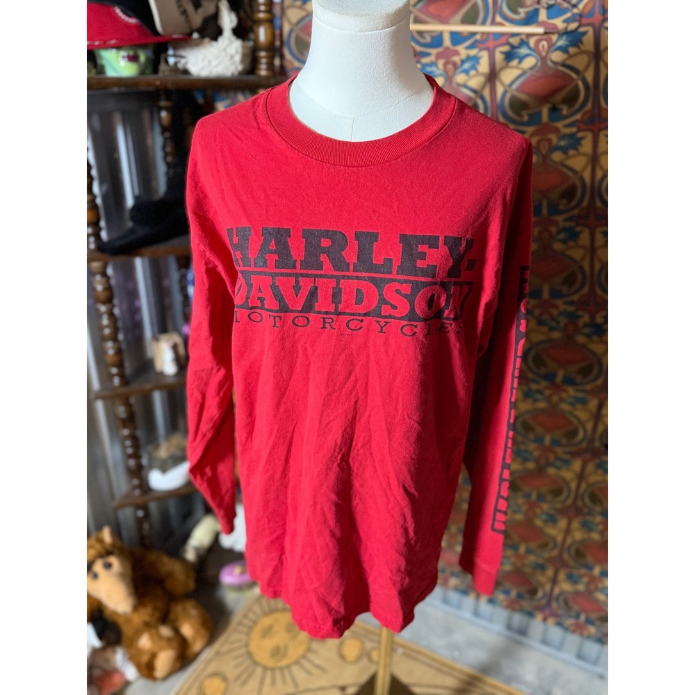 Harley Davidson Motorcycles Long Sleeve T-Shirt Red Boston Mens Size M Cotton